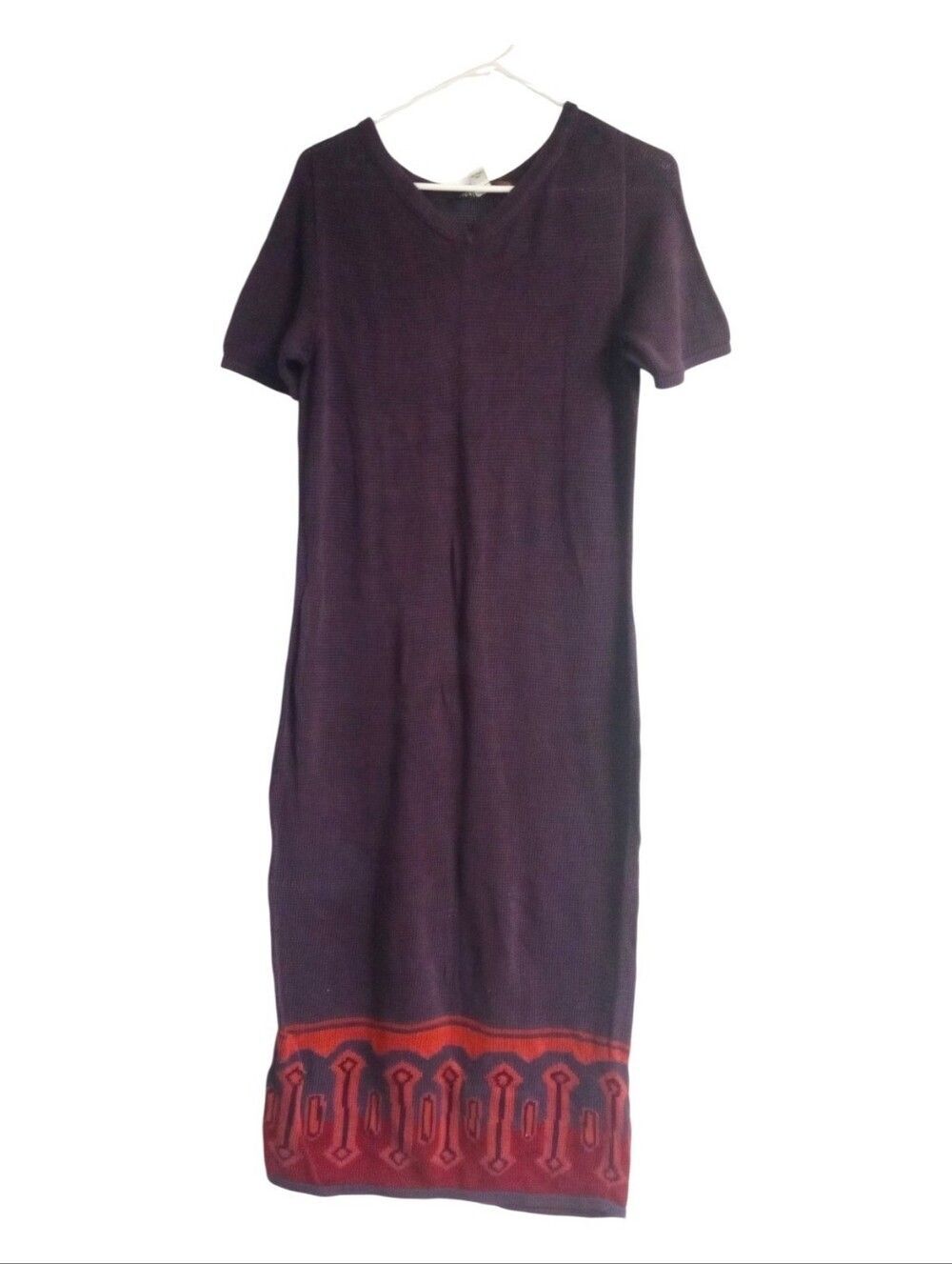 Peruvian Connection Short Sleeve Purple Sweater Dress with Patterned Accent Hem